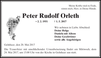 Traueranzeige von Peter Rudolf Orleth von  Kreisanzeiger