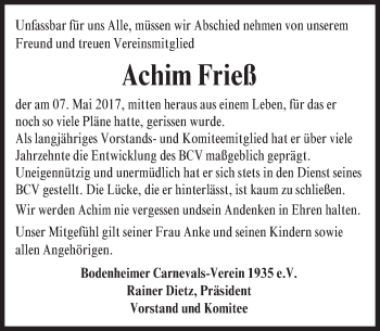 Traueranzeige von Achim Frieß von Trauerportal Rhein Main Presse
