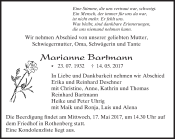 Traueranzeige von Marianne Bartmann von Trauerportal Echo Online
