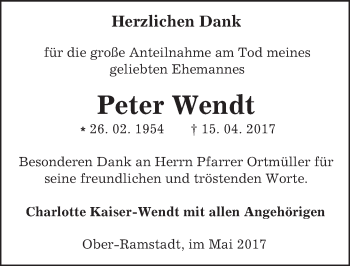 Traueranzeige von Peter Wendt von Trauerportal Echo Online