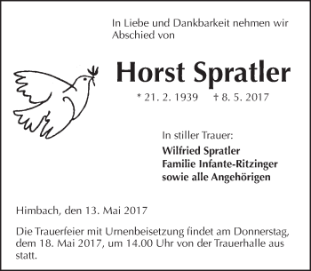 Traueranzeige von Horst Spratler von  Kreisanzeiger