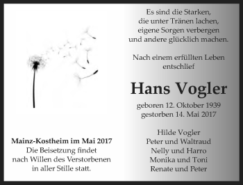 Traueranzeige von Hans Vogler von Trauerportal Rhein Main Presse