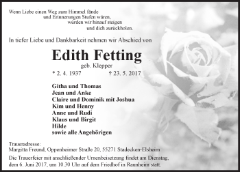 Traueranzeige von Edith Fetting von Trauerportal Rhein Main Presse
