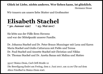Traueranzeige von Elisabeth Stachel von Trauerportal Rhein Main Presse
