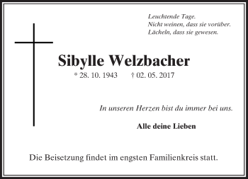 Traueranzeige von Sibylle Welzbacher von  Usinger Anzeiger