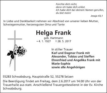 Traueranzeige von Helga Frank von Trauerportal Rhein Main Presse