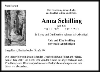 Traueranzeige von Anna Schilling von VRM Trauer