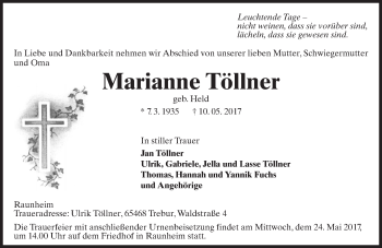 Traueranzeige von Marianne Töllner von Trauerportal Rhein Main Presse