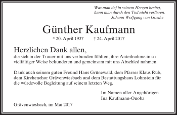 Traueranzeige von Günther Kaufmann von  Usinger Anzeiger