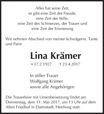Traueranzeige von Lina Krämer von Trauerportal Echo Online