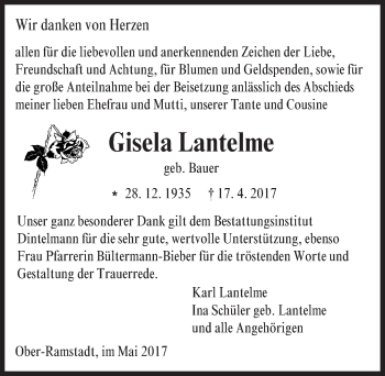 Traueranzeige von Gisela Lantelme von Trauerportal Echo Online