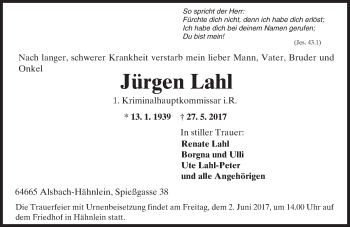 Traueranzeige von Jürgen Lahl von Trauerportal Echo Online
