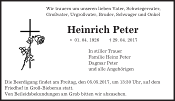 Traueranzeige von Heinrich Peter von Trauerportal Echo Online