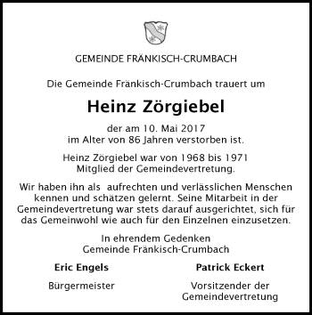 Traueranzeige von Heinz Zörgiebel von Trauerportal Echo Online