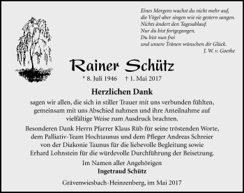Traueranzeige von Rainer Schütz von  Usinger Anzeiger