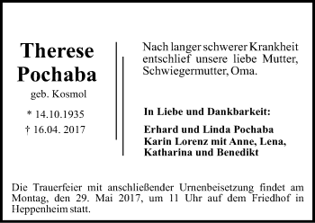 Traueranzeige von Therese Pochaba von Trauerportal Echo Online