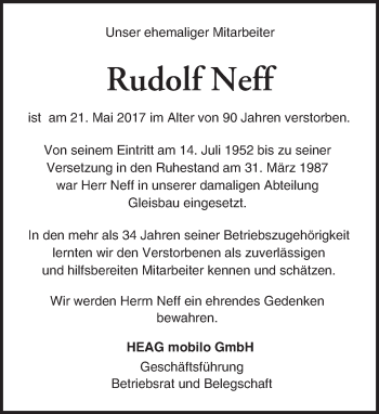 Traueranzeige von Rudolf Neff von Trauerportal Echo Online