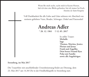 Traueranzeige von Andreas Adler von Trauerportal Rhein Main Presse