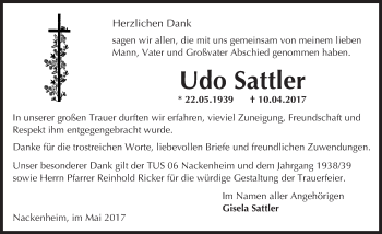 Traueranzeige von Udo Sattler von Trauerportal Rhein Main Presse