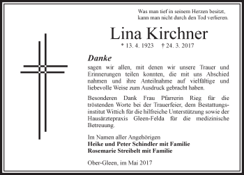 Traueranzeige von Lina Kirchner von VRM Trauer
