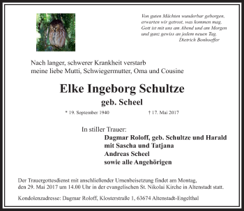 Traueranzeige von Elke Ingeborg Schultze von  Kreisanzeiger