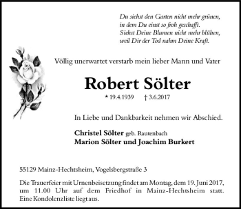 Traueranzeige von Robert Sölter von Trauerportal Rhein Main Presse