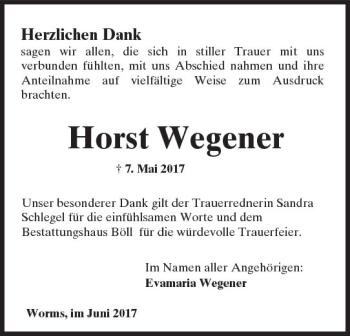 Traueranzeige von Horst Wegener von Trauerportal Rhein Main Presse