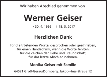 Traueranzeige von Werner Geiser von Trauerportal Echo Online