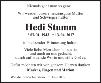 Traueranzeige von Hedi Stumm von Trauerportal Rhein Main Presse