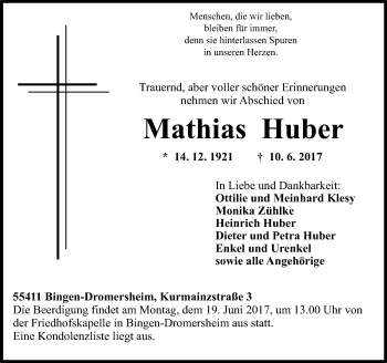 Traueranzeige von Mathias Huber von Trauerportal Rhein Main Presse