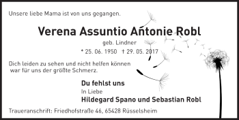 Traueranzeige von Verena Assuntio Antonie Robl von Trauerportal Rhein Main Presse