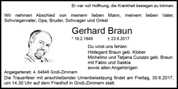 Traueranzeige von Gerhard Braun von Trauerportal Echo Online