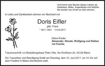 Traueranzeige von Doris Eifler von Trauerportal Rhein Main Presse