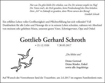 Traueranzeige von Gottlieb Gerhard Schroth von Trauerportal Echo Online