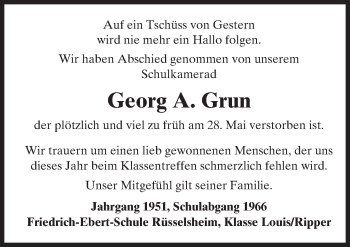 Traueranzeige von Georg A. Grun von Trauerportal Rhein Main Presse