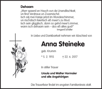 Traueranzeige von Anna Steineke von Trauerportal Echo Online