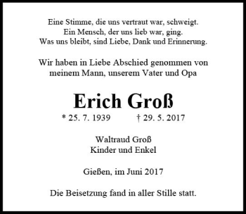 Traueranzeige von Erich Groß von  Gießener Anzeiger