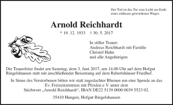Traueranzeige von Arnold Reichhardt von  Kreisanzeiger