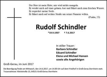 Traueranzeige von Rudolf Schindler von Trauerportal Echo Online