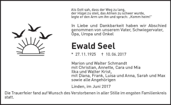 Traueranzeige von Ewald Seel von  Gießener Anzeiger