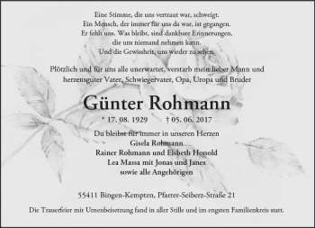Traueranzeige von Günter Rohmann von Trauerportal Rhein Main Presse