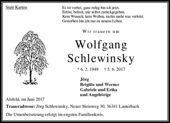 Traueranzeige von Wolfgang Schlewinsky von VRM Trauer