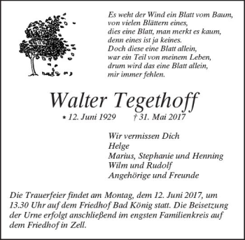 Traueranzeige von Walter Tegethoff von Trauerportal Echo Online