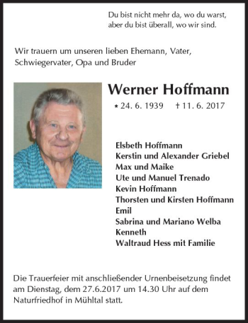 Traueranzeige von Werner Hoffmann von Trauerportal Echo Online