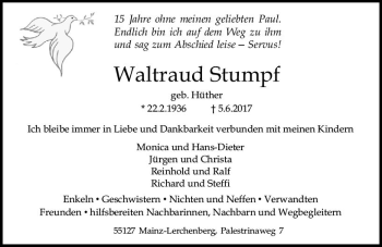 Traueranzeige von Waltraud Stumpf von Trauerportal Rhein Main Presse