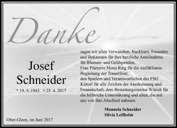 Traueranzeige von Josef Schneider von VRM Trauer