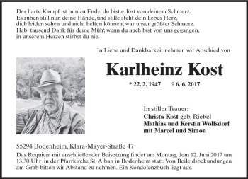 Traueranzeige von Karlheinz Kost von Trauerportal Rhein Main Presse