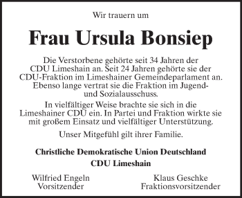 Traueranzeige von Ursula Bonsiep von  Kreisanzeiger