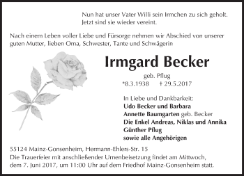 Traueranzeige von Irmgard Becker von Trauerportal Rhein Main Presse