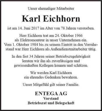 Traueranzeige von Karl Eichhorn von Trauerportal Echo Online